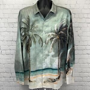 Hardaddy Hawaiian Shirt XL X-Large Green Palm Tree Beach Long Sleeve Button Down